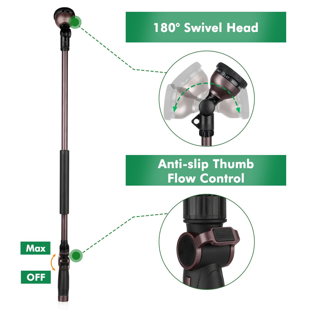 Back view of Restmo watering wand showcasing durable zinc-alloy material