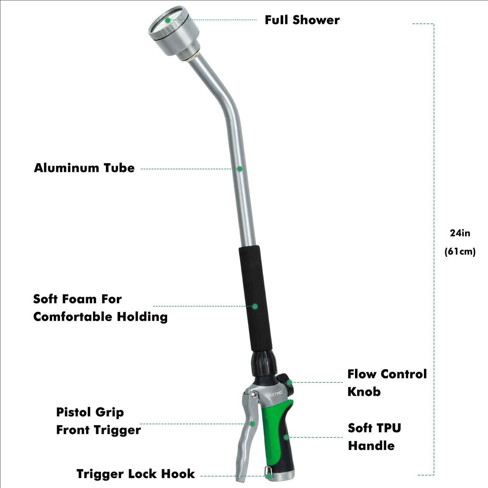 Back view of Restmo watering wand showing ergonomic handle
