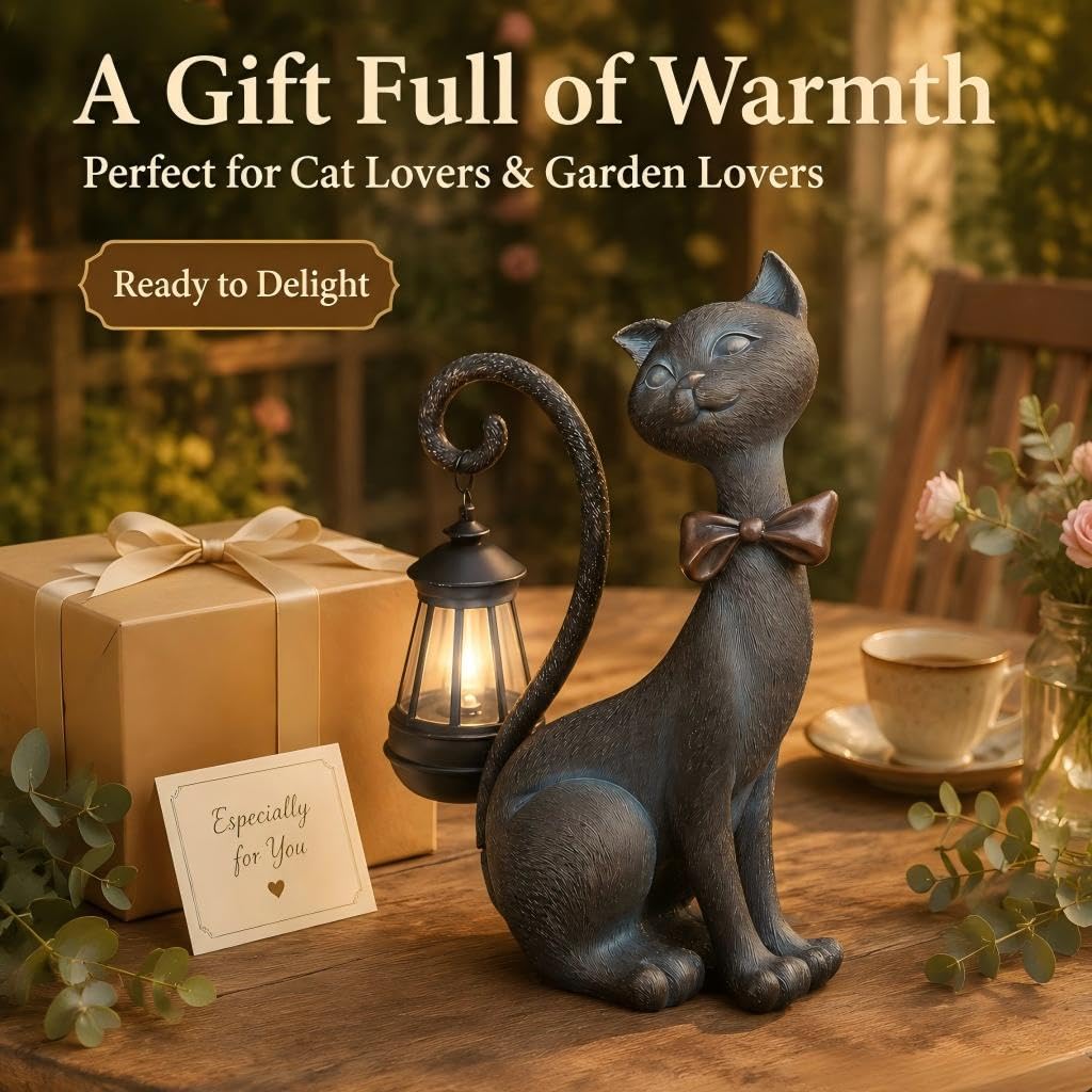 Back view of REYISO Cat Outdoor Statue with solar lantern