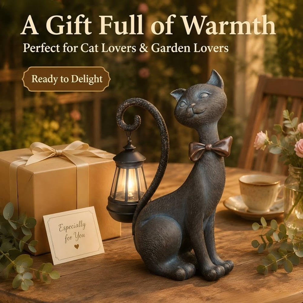 Back view of REYISO Cat Outdoor Statue with solar lantern