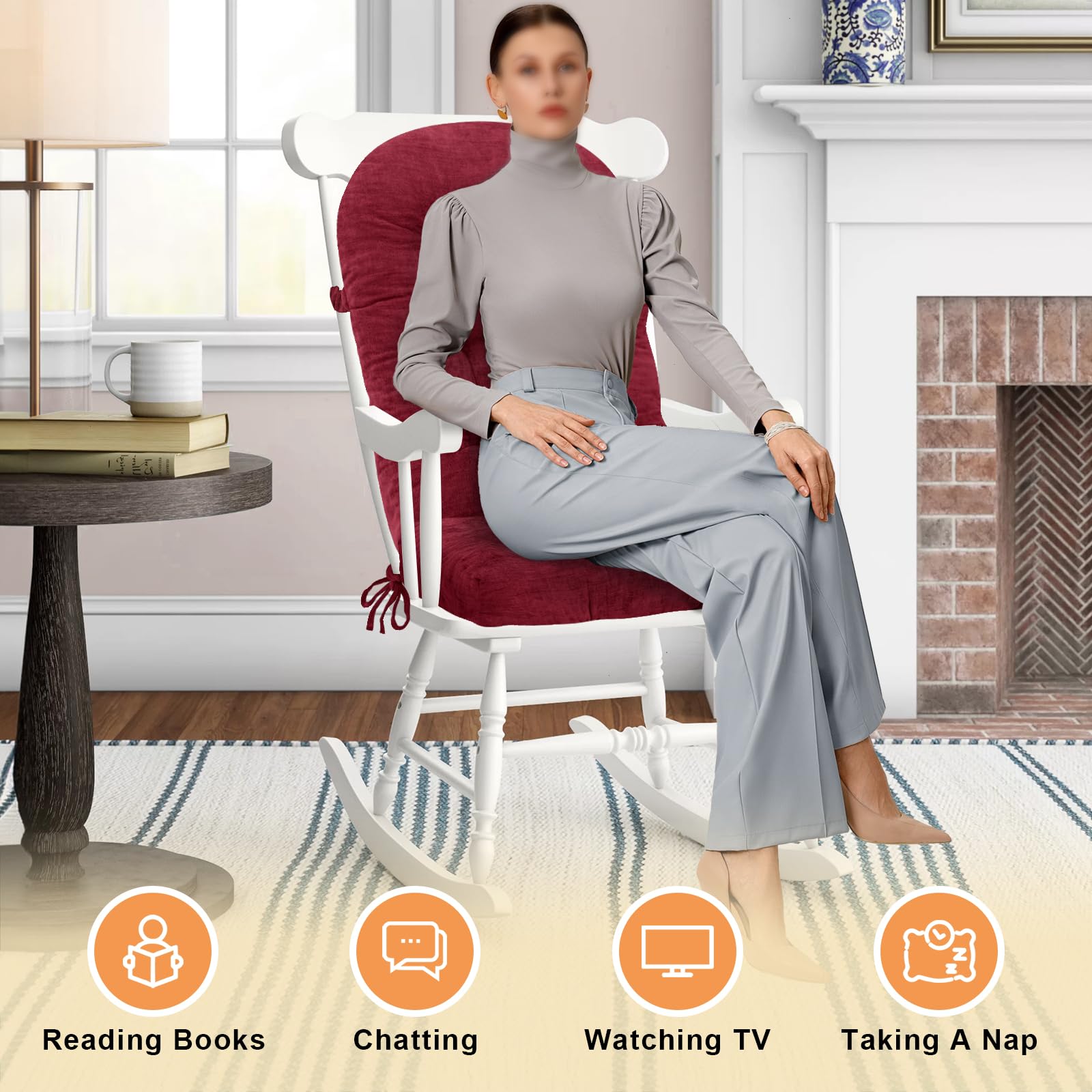 Back view of ROFIEJOX rocking chair cushion highlighting non-slip bottom