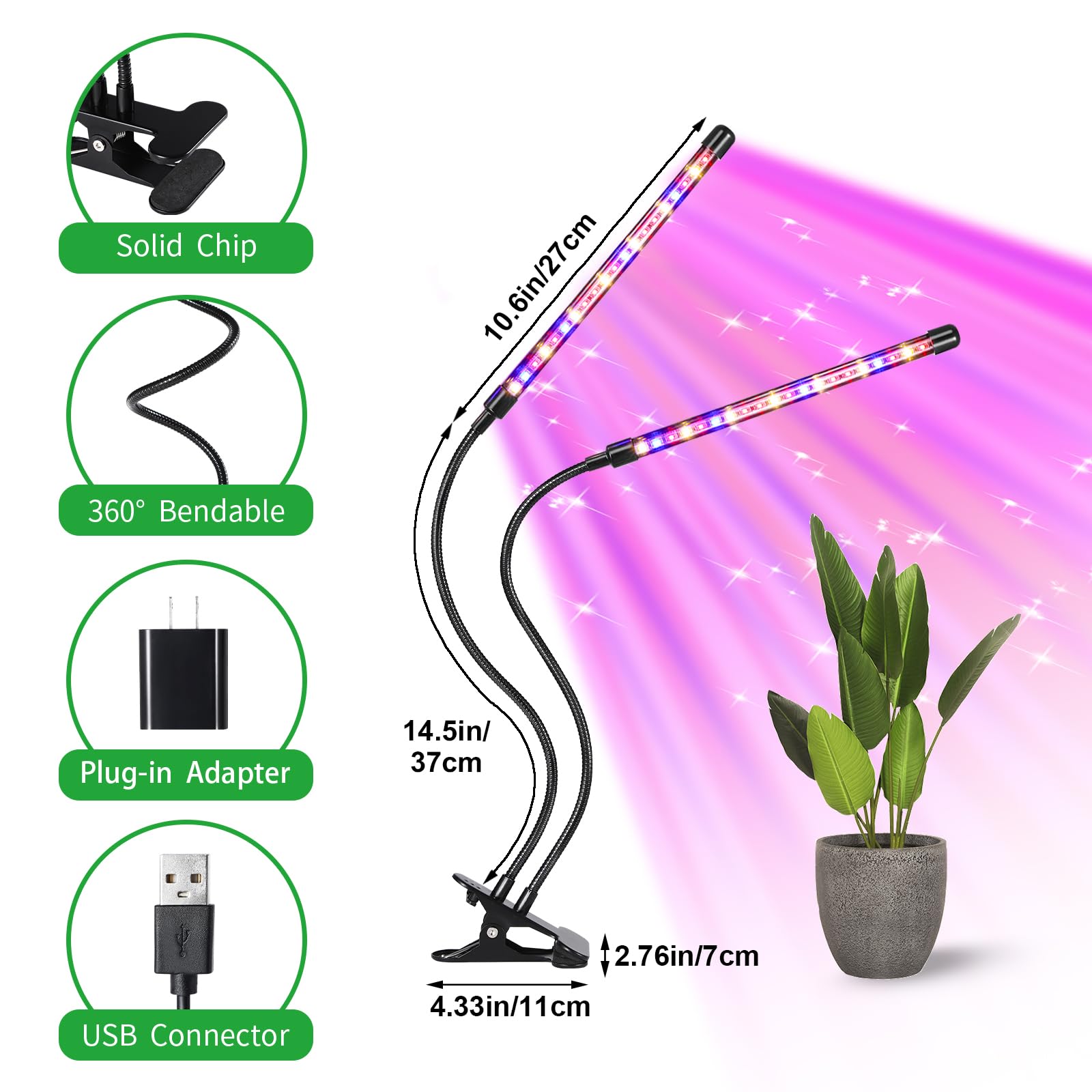 Back view of RWNTAO LED Plant Grow Light showing clip and gooseneck