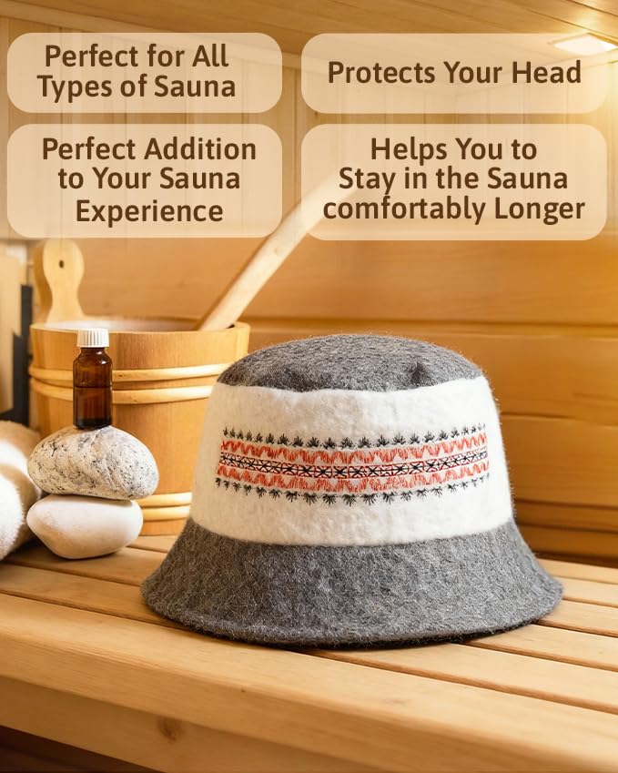 Back view of SHSH trade group sauna hat showing its wool texture