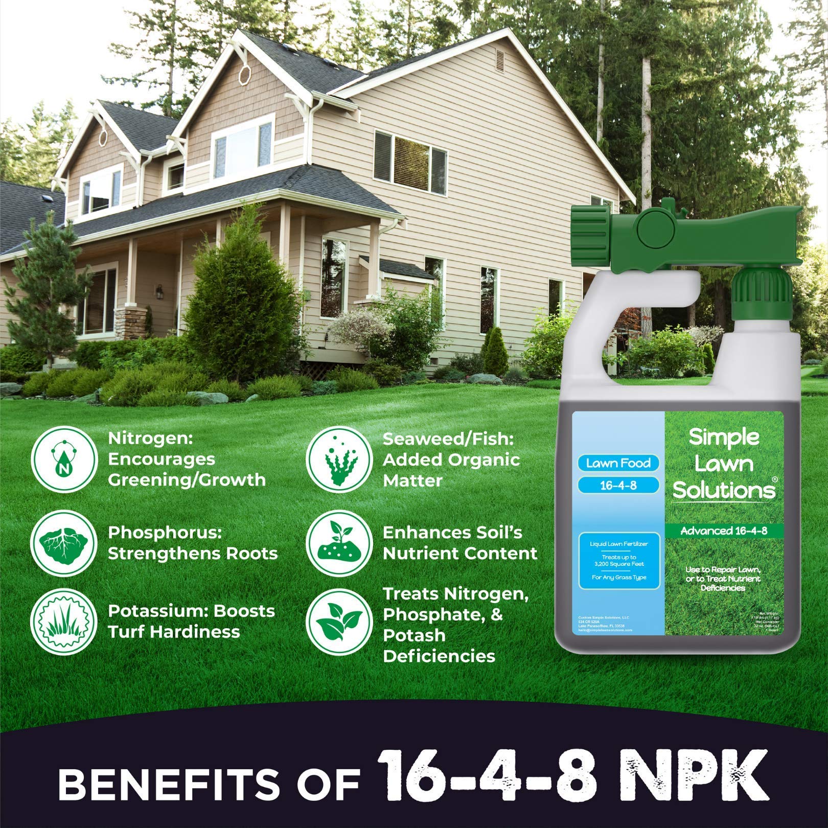 Back view of Simple Lawn Solutions 16-4-8 Liquid Fertilizer 32 oz with ingredient list