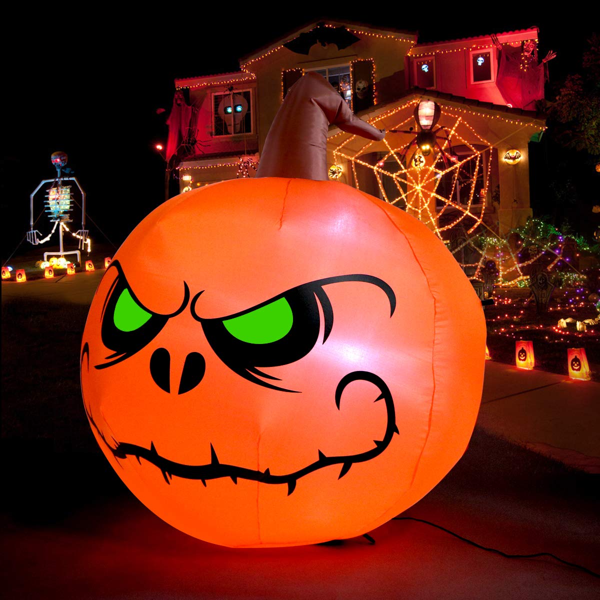 Back view of Sizonjoy Halloween inflatable pumpkin showing tethers