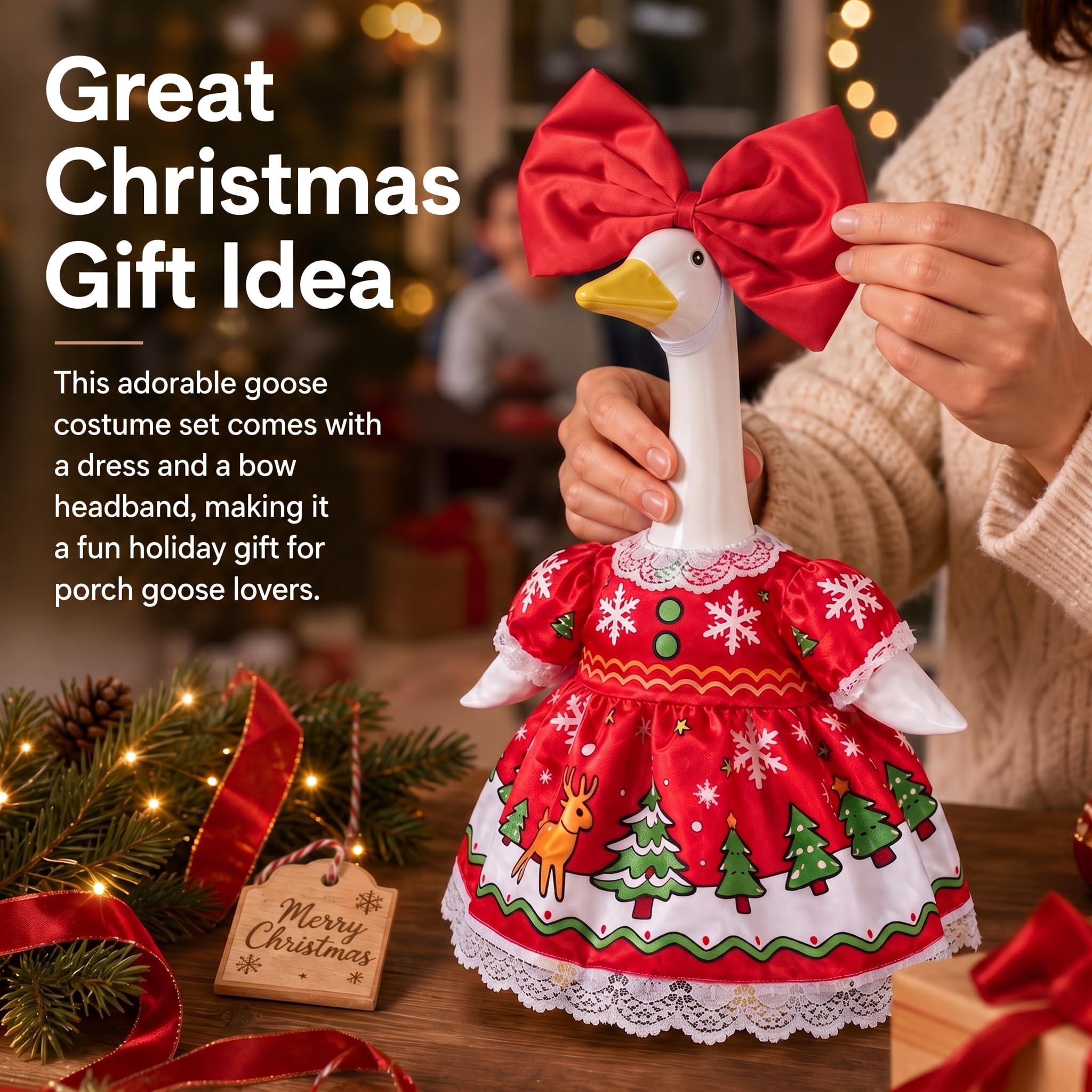 Back view of SLUPS Christmas Goose Outfit on statue