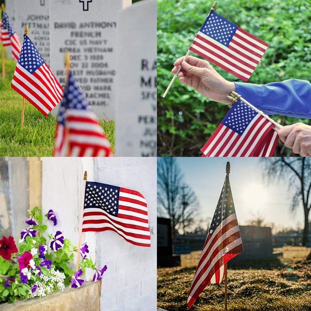 Back view of small American flags showing double-sided print