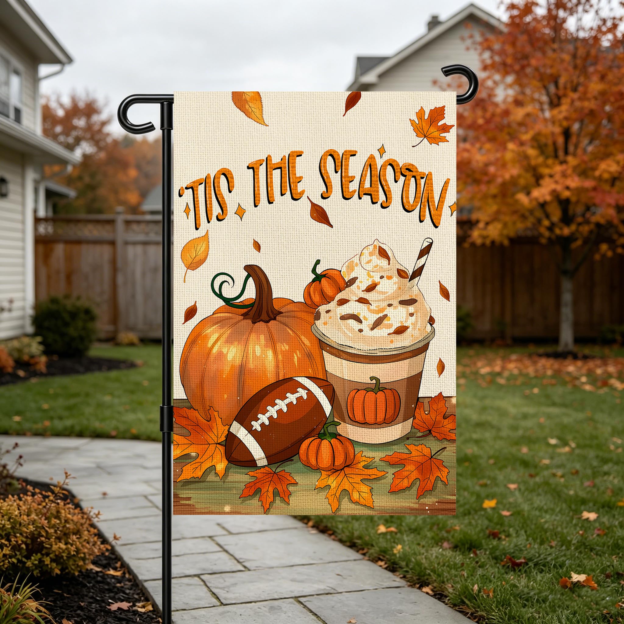 Back view of Snungee Fall Garden Flag with autumn decorations