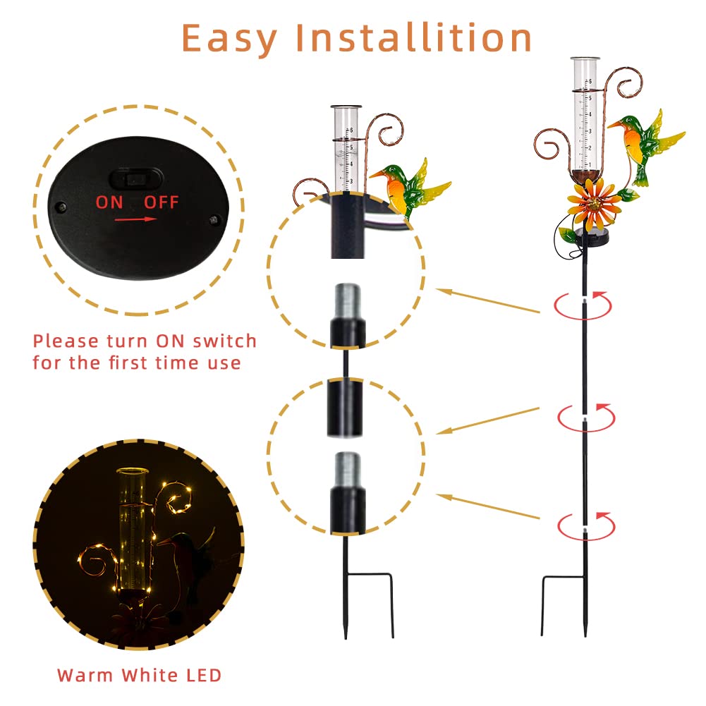 Back view of Stargarden Hummingbird Rain Gauge showing solar panel