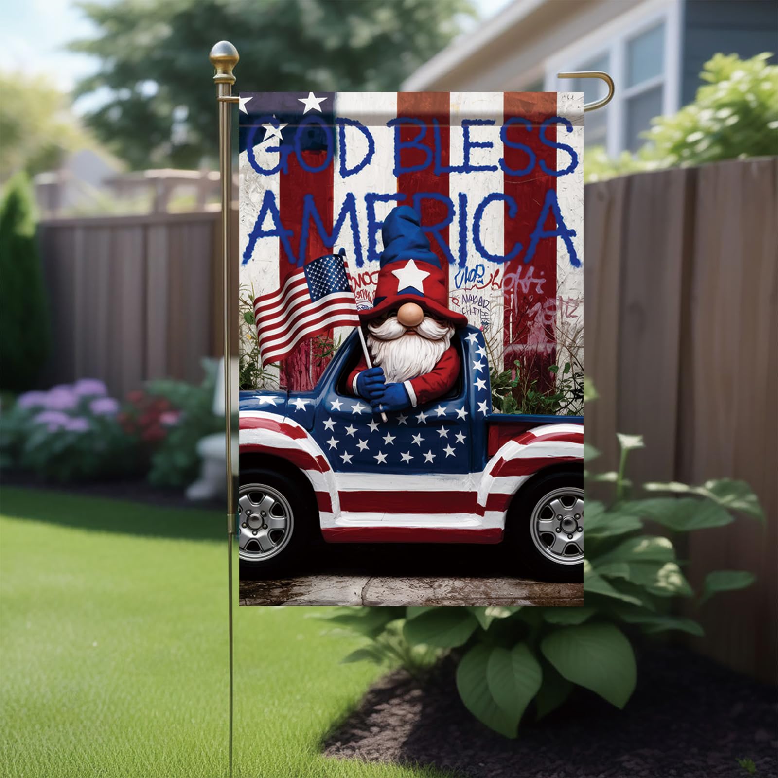 Back view of Starlit Patio God Bless America Garden Flag