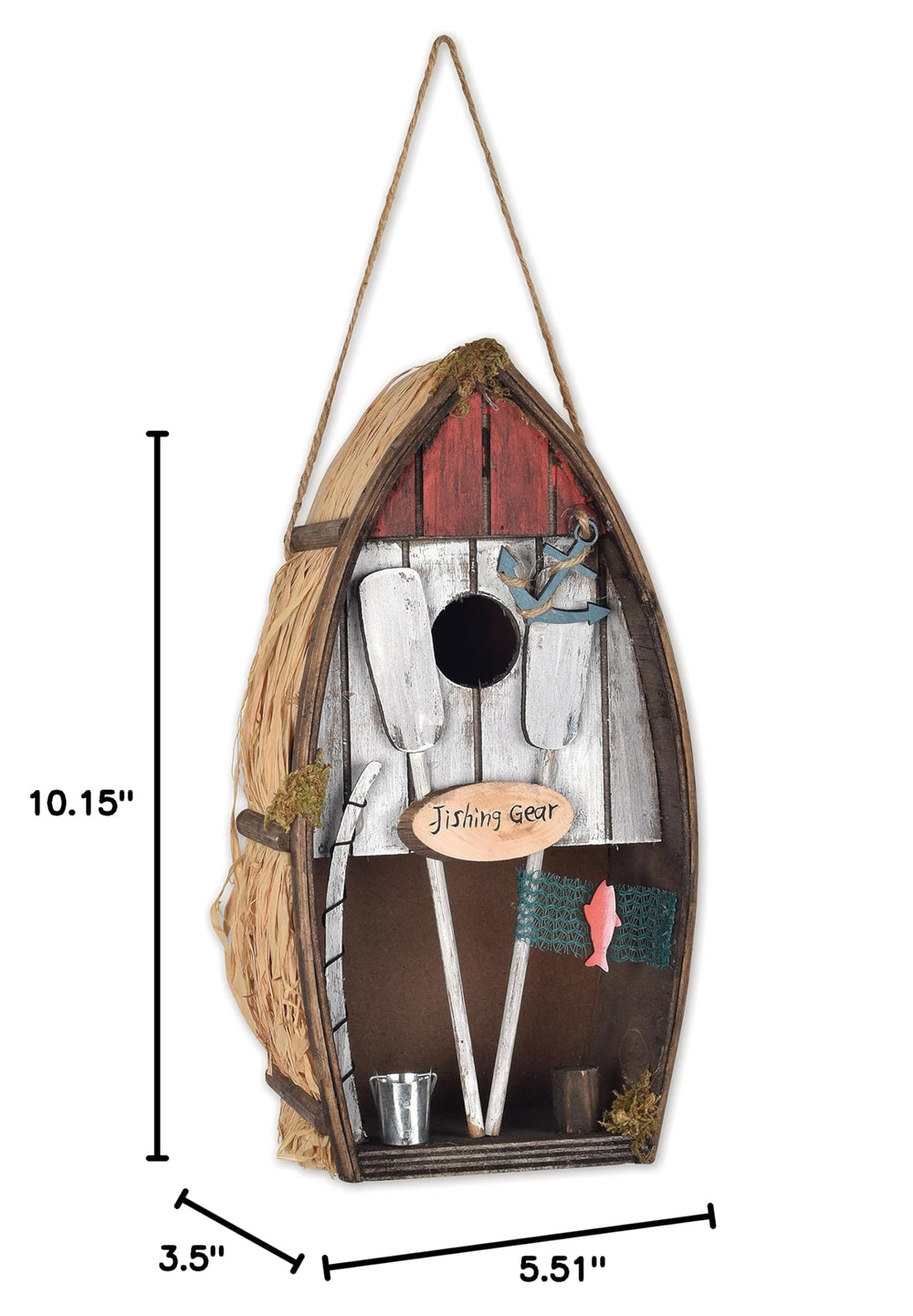 Back view of Sunset Vista Designs rowboat birdhouse with jute twine for hanging