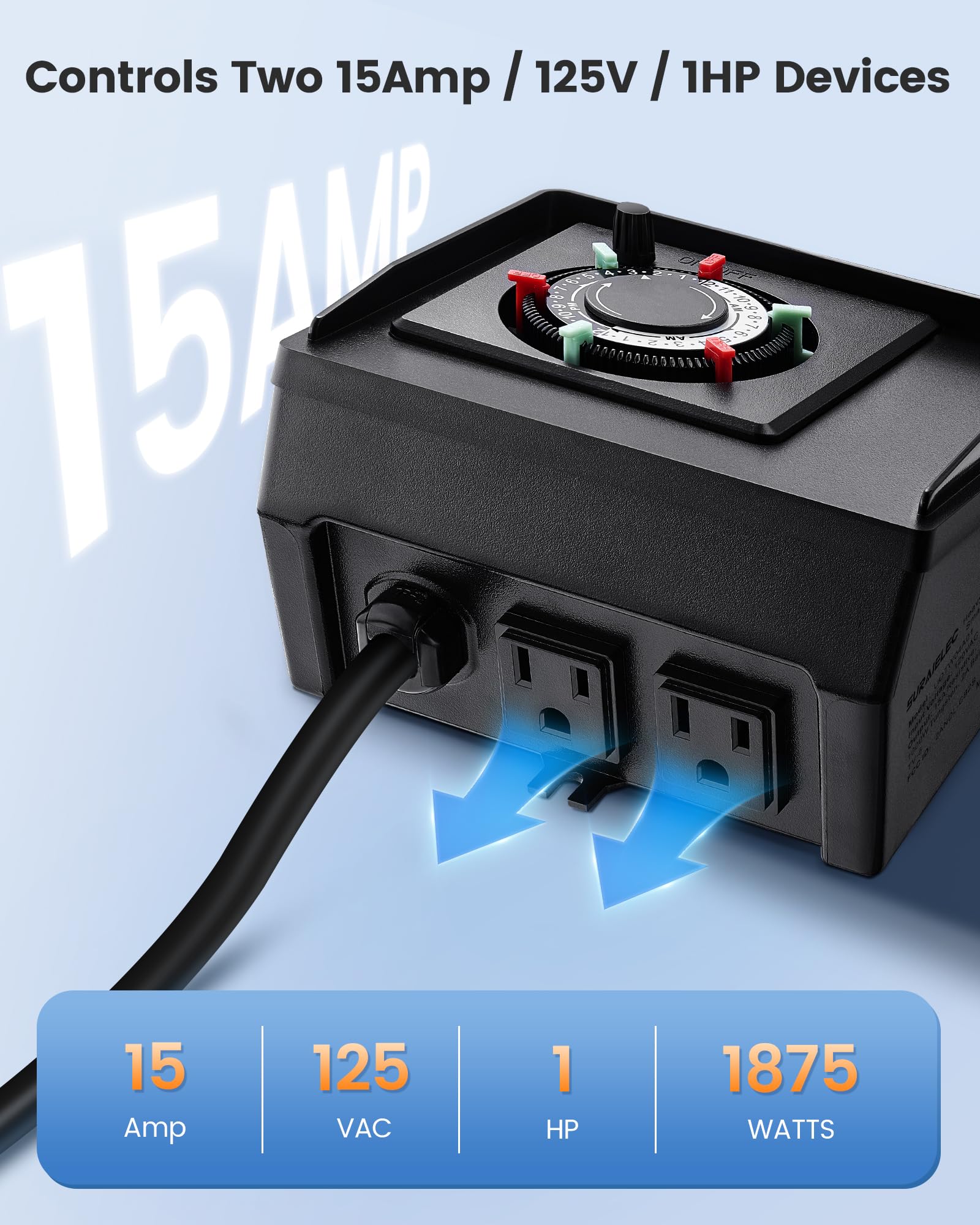 Back view of SURAIELEC mechanical timer with dual outlets