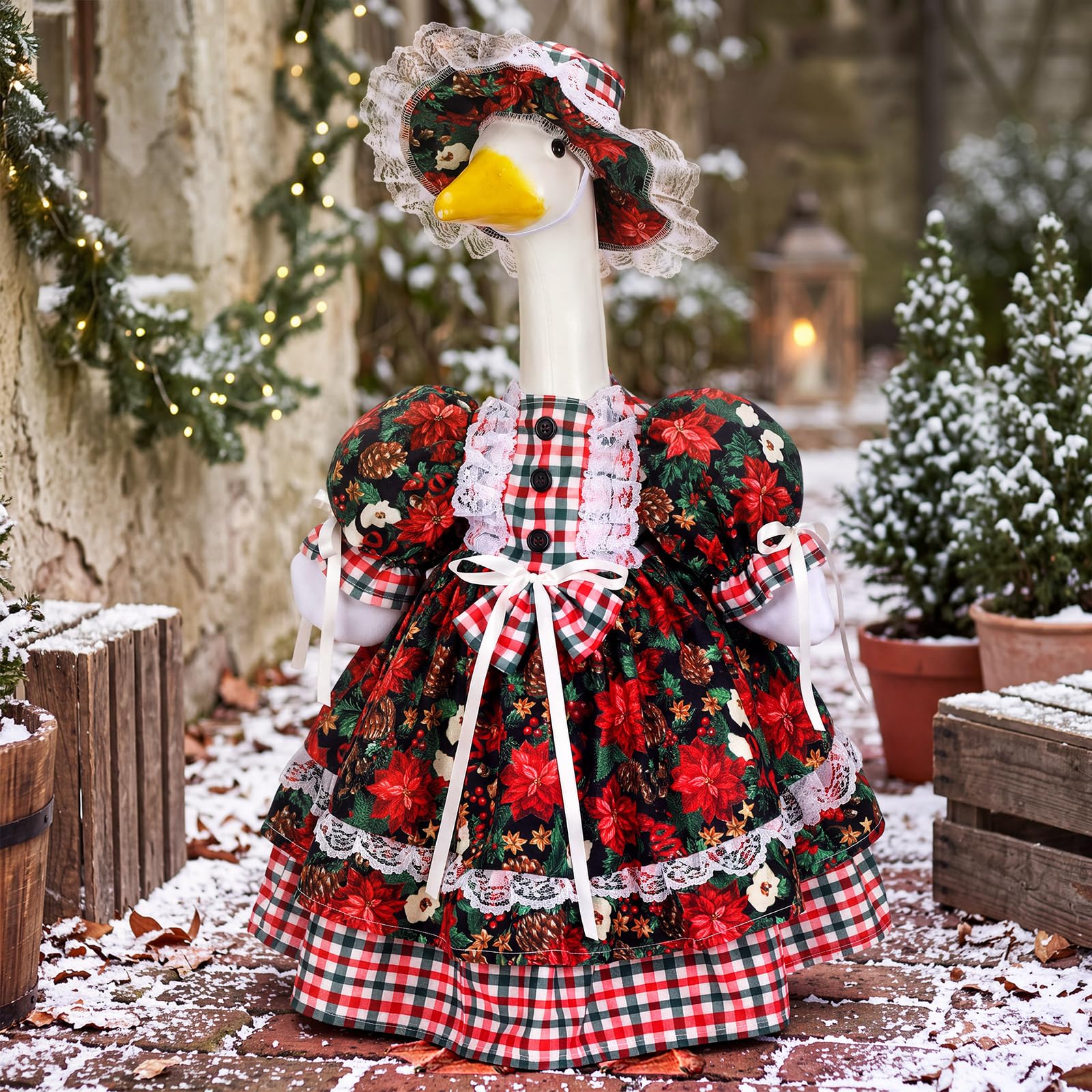 Back view of Suzile Christmas Goose Outfit with plaid accents