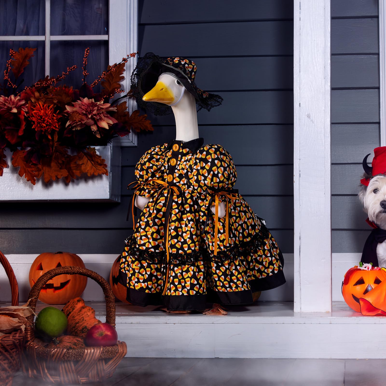 Back view of Suzile Halloween Goose Outfit with festive design