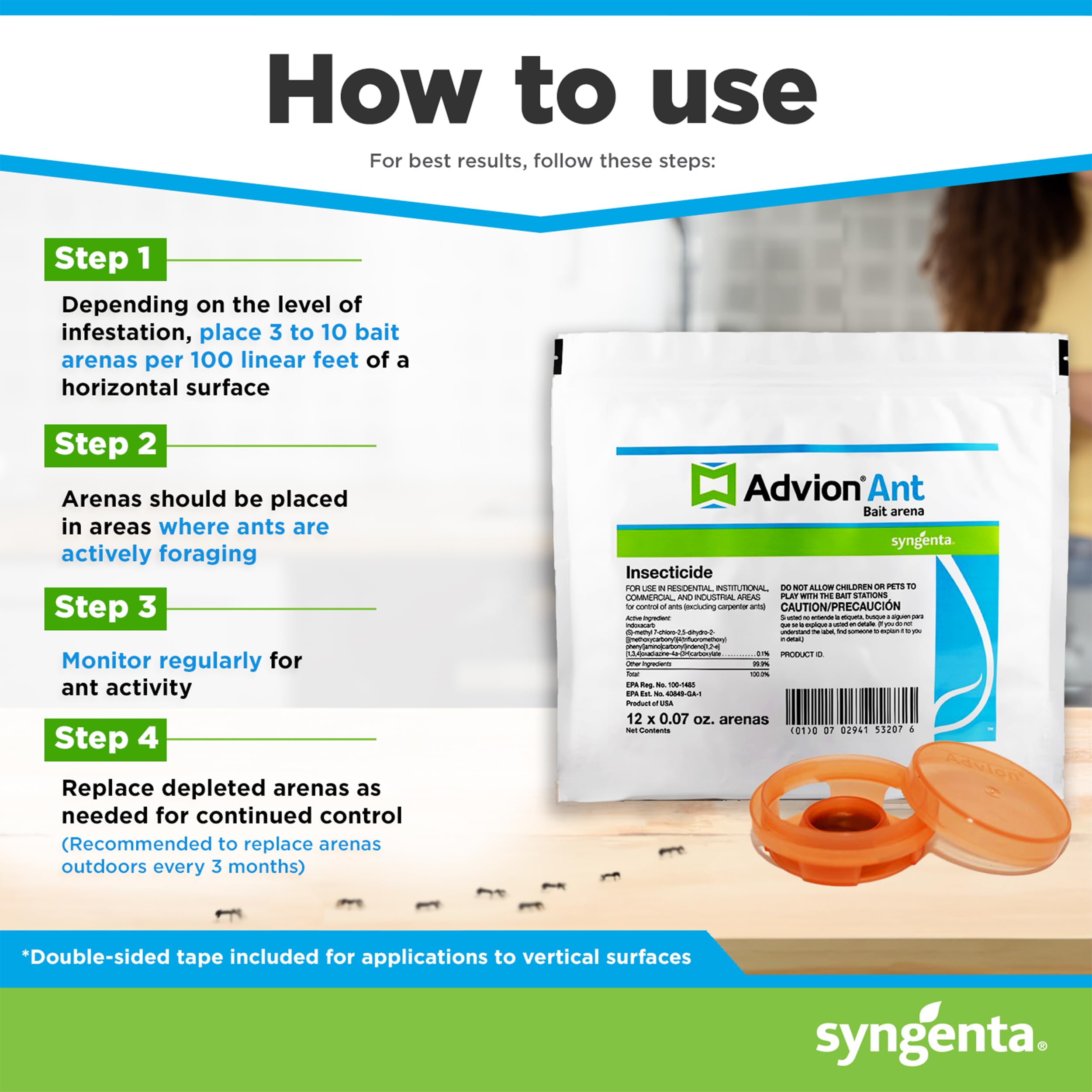 Back view of Syngenta Advion Ant Bait Arena packaging
