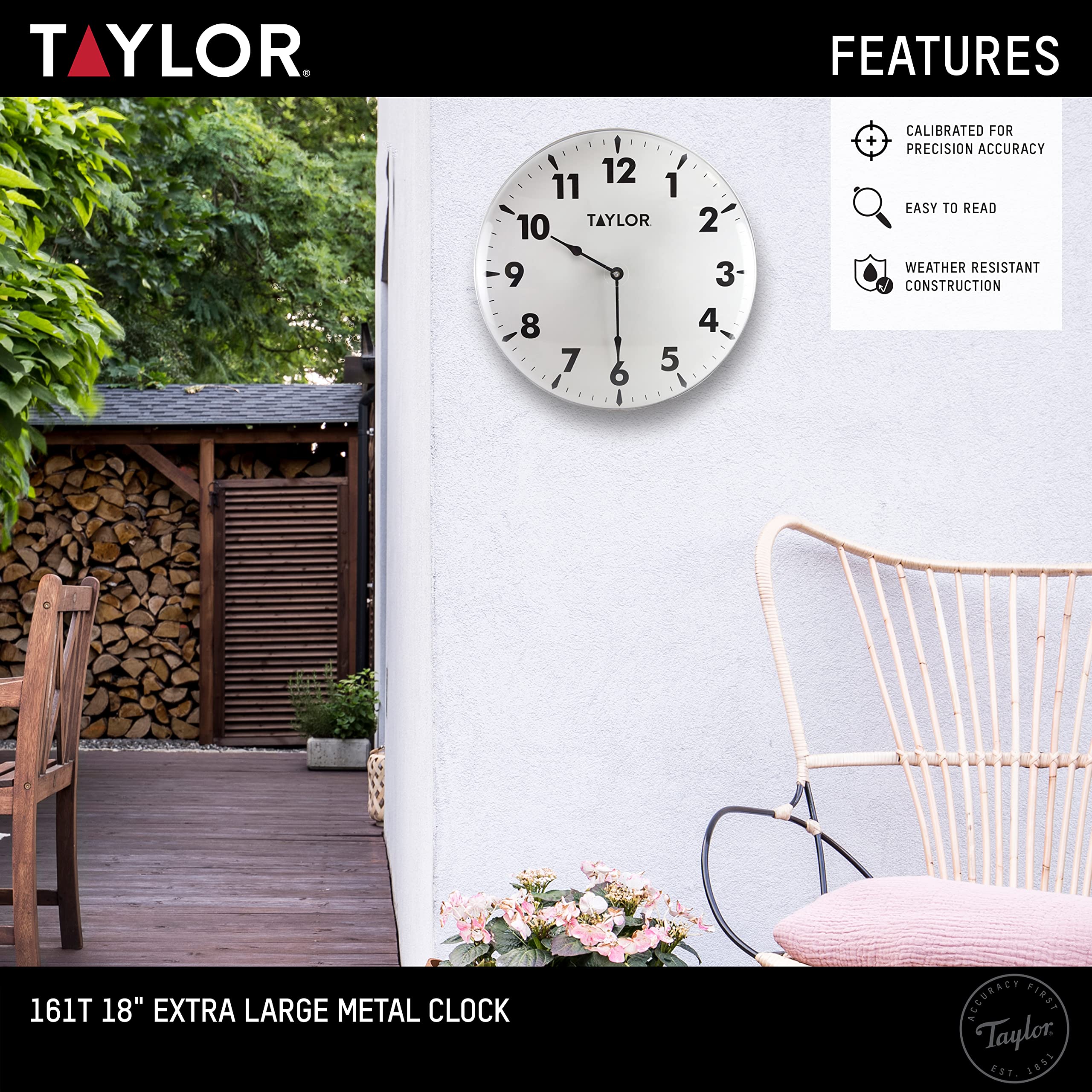 Back view of Taylor 18 Inch Jumbo Outdoor Clock with built-in hanger