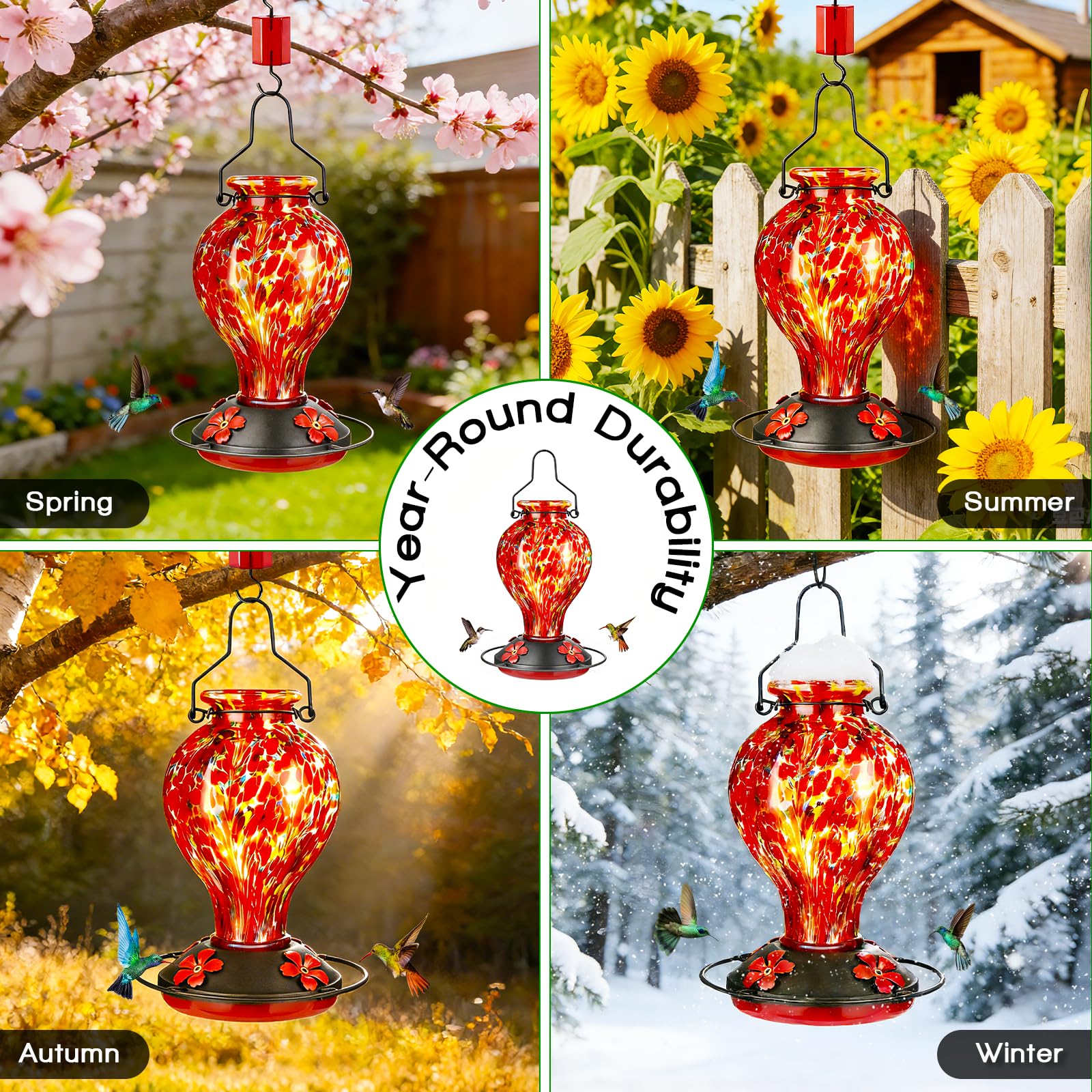 Back view of Tegarbed Hand Blown Glass Hummingbird Feeder