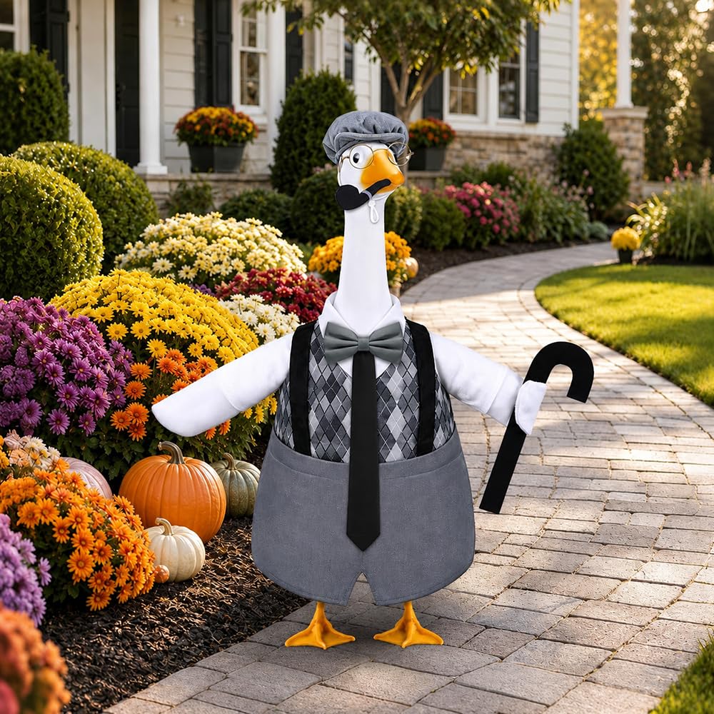 Back view of the 23-inch goose wearing the Old Man Goose Outfit