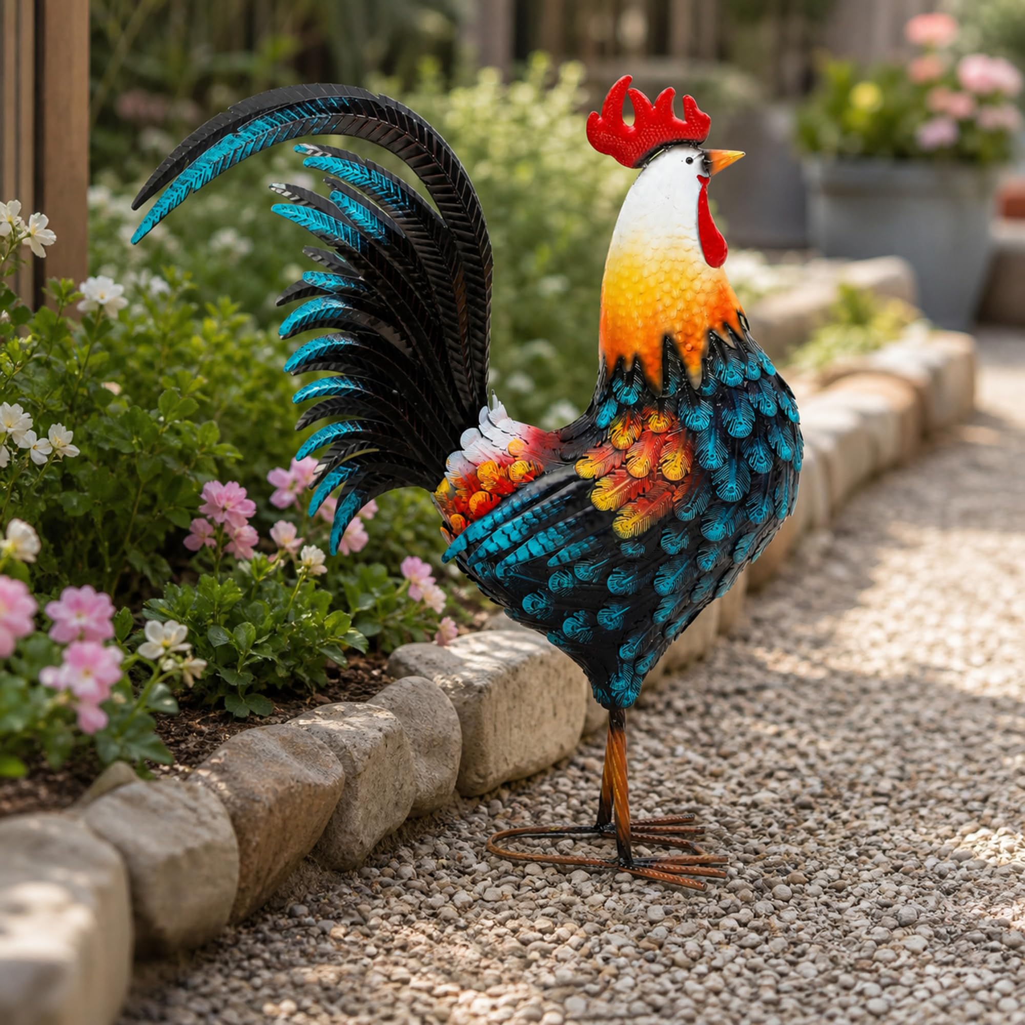 Back view of the Autodaya metal rooster garden decor