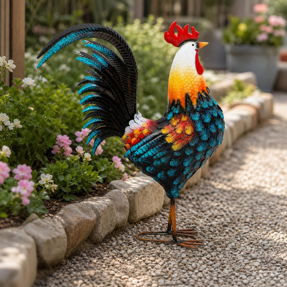 Back view of the Autodaya metal rooster garden decor
