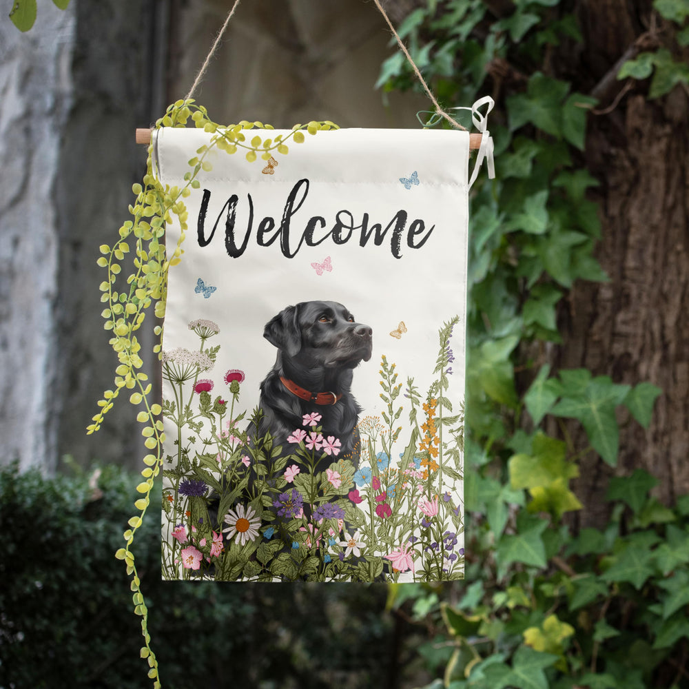 Back view of the Black Lab Garden Flag showing vibrant colours