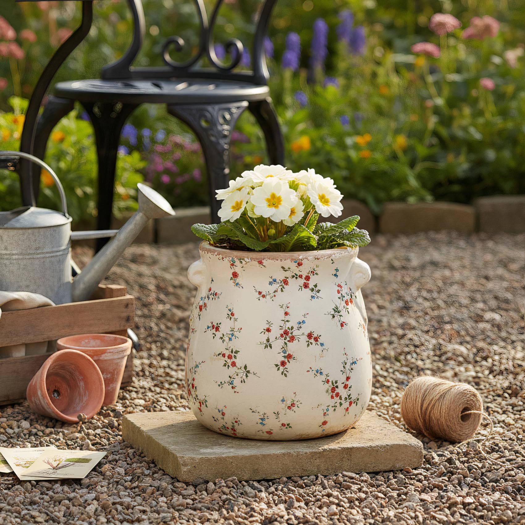 Back view of the ceramic planter displaying its floral design