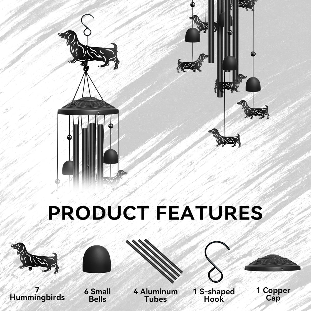 Back view of the dachshund wind chime showing the S-shaped hook