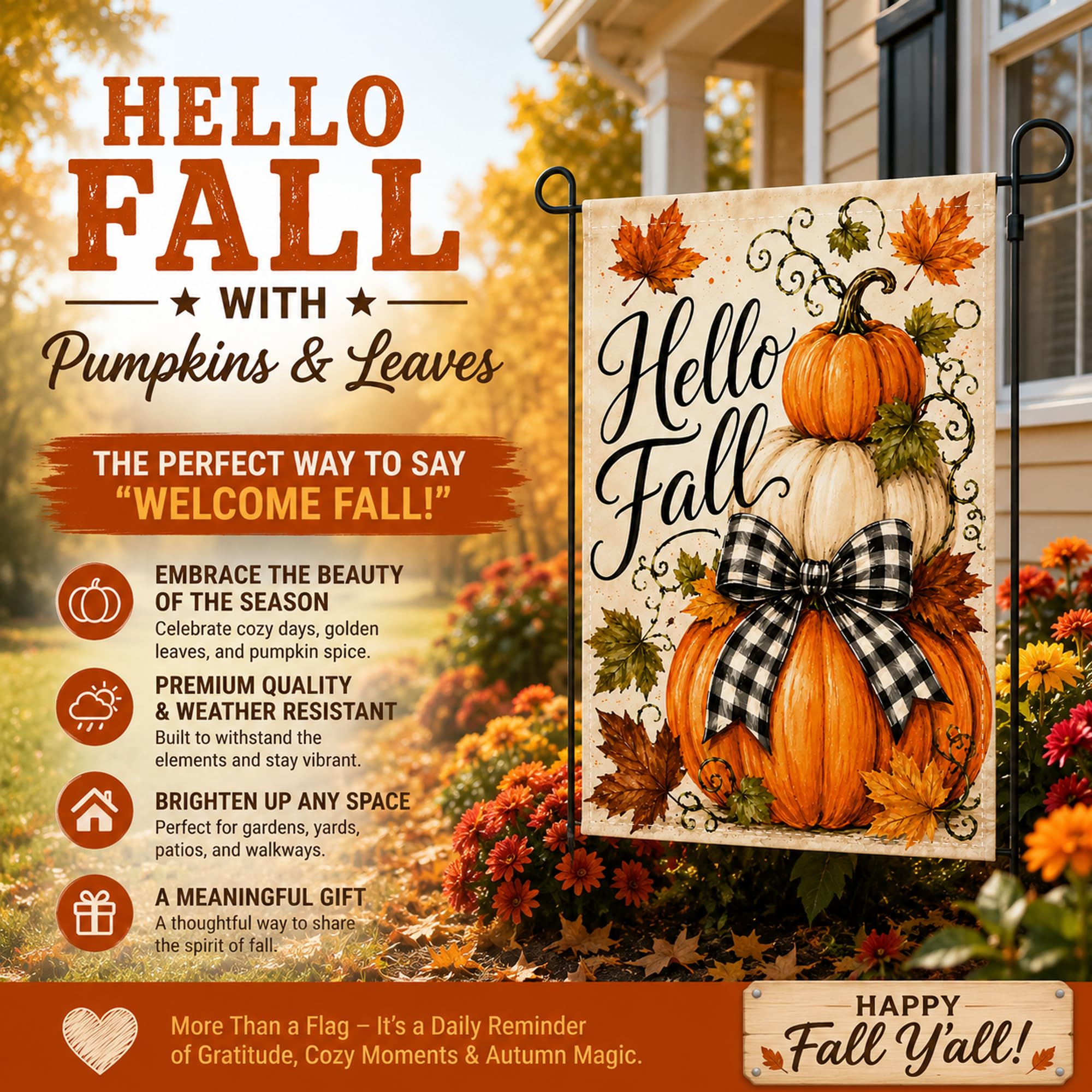 Back view of the double-sided Hello Fall Garden Flag