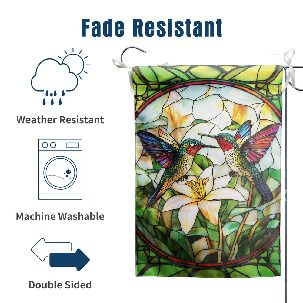 Back view of the double-sided hummingbird garden flag