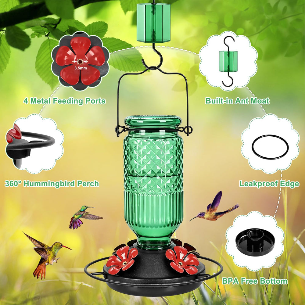 Back view of the FEED GARDEN Glass Hummingbird Feeder showing ant moat