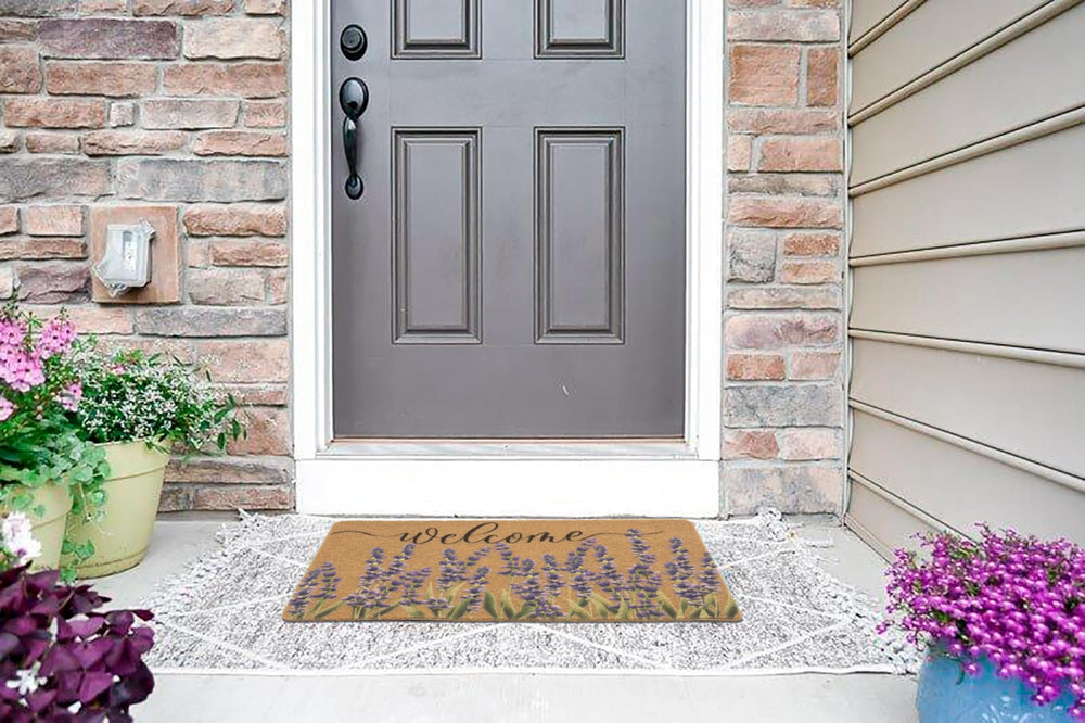 Back view of the FGSS Lavender Welcome Doormat with non-slip PVC