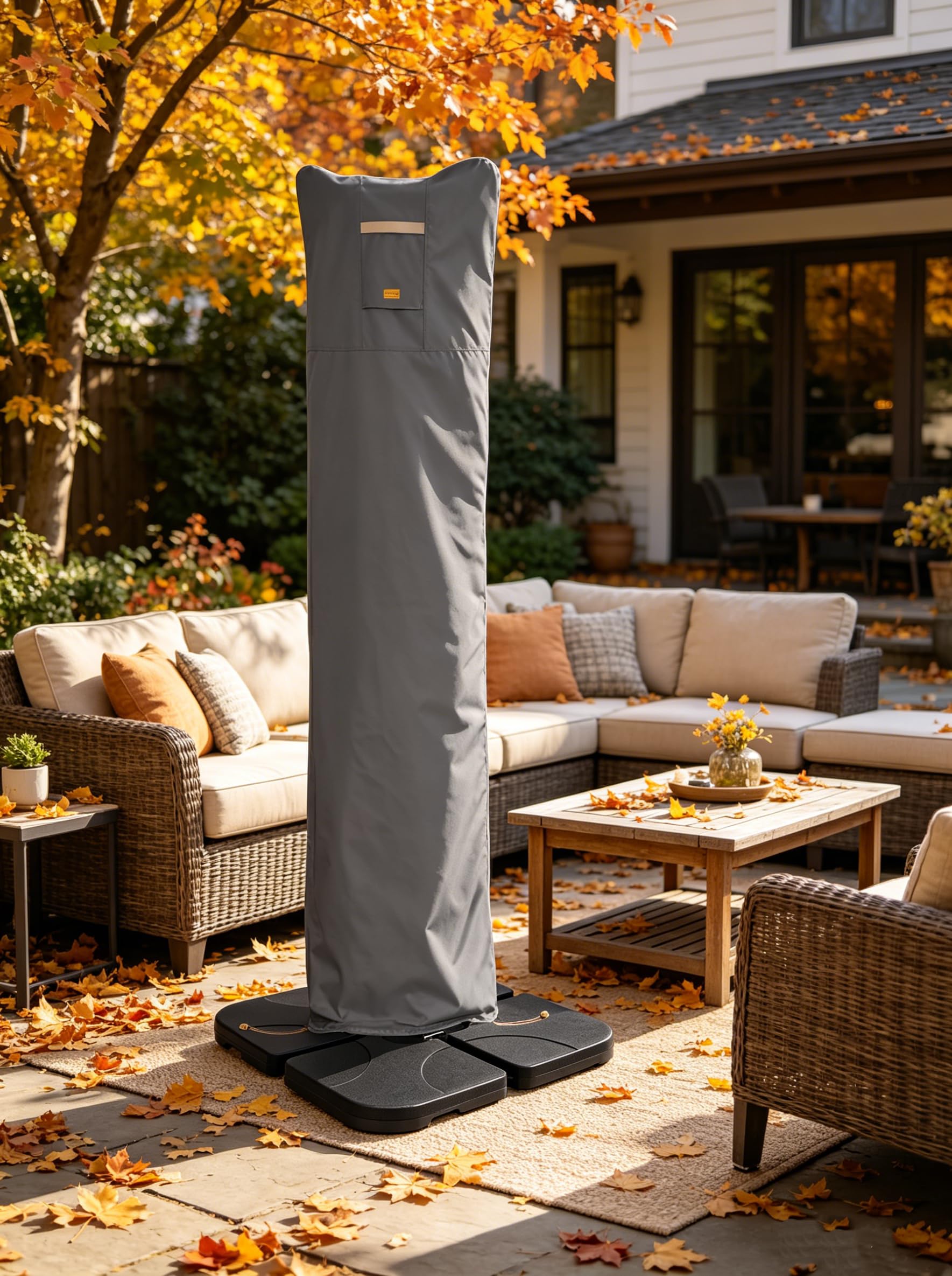 Back view of the Garden Balsam umbrella cover with adjustable closure features