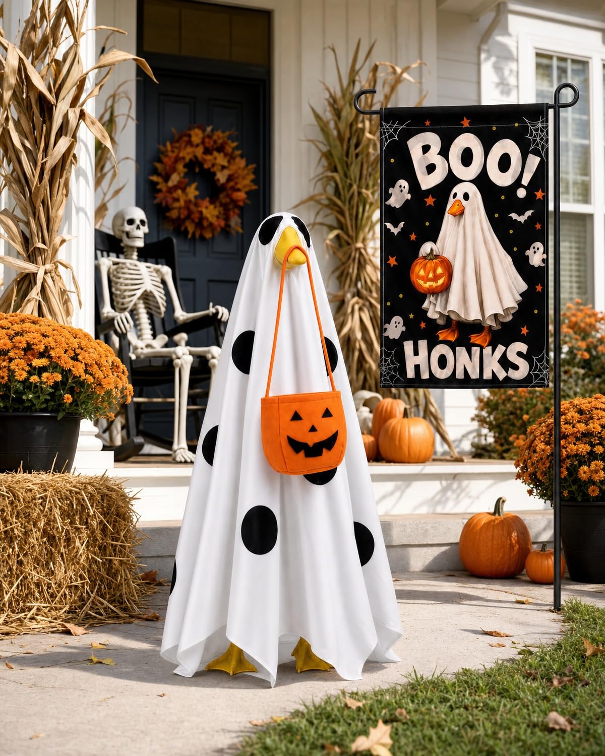 Back view of the ghost costume on a porch goose statue