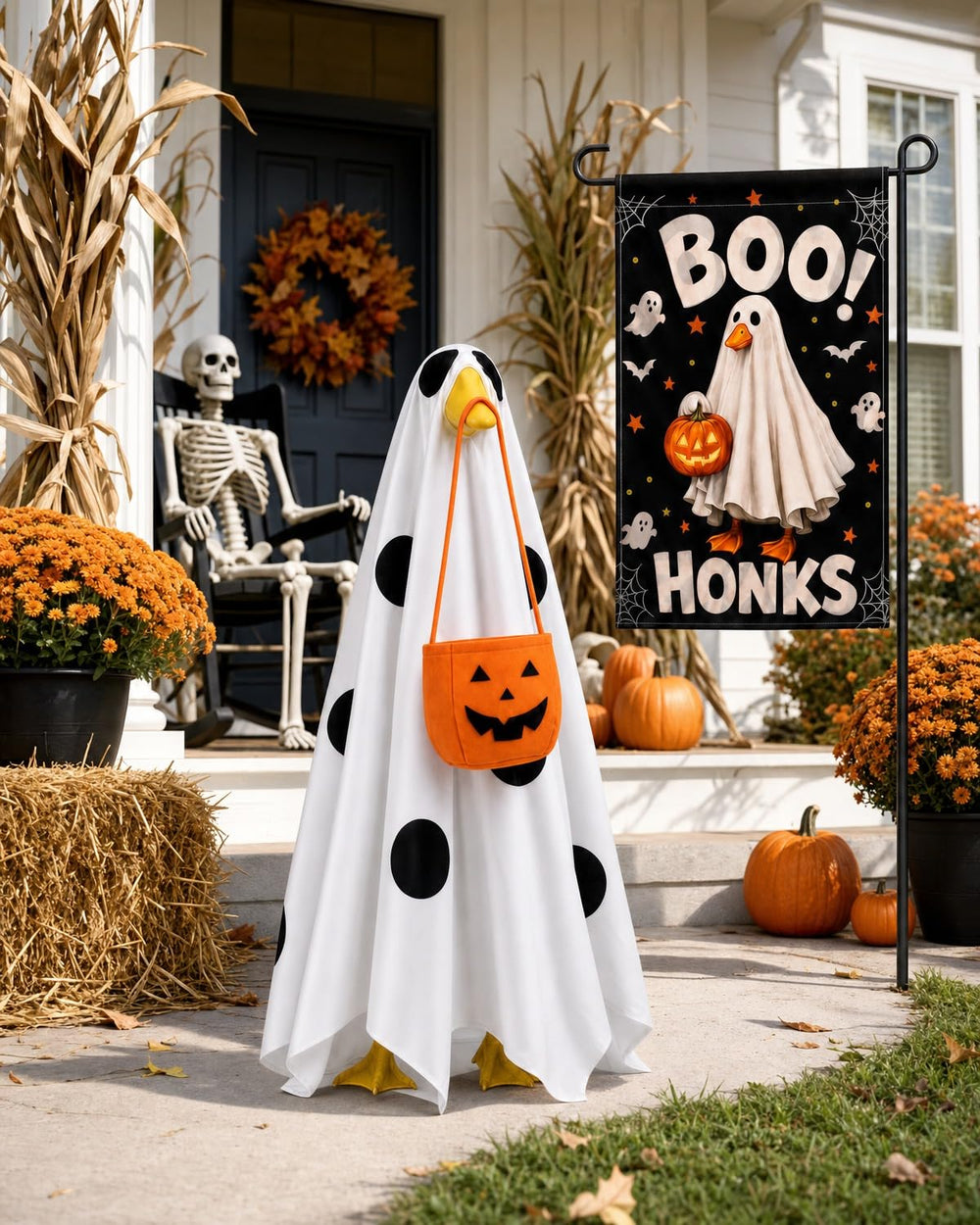 Back view of the ghost costume on a porch goose statue