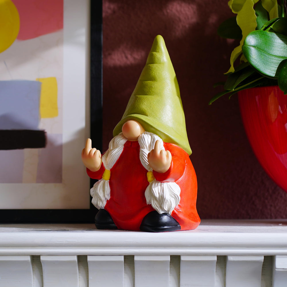Back view of the gnome statue highlighting the vibrant colors