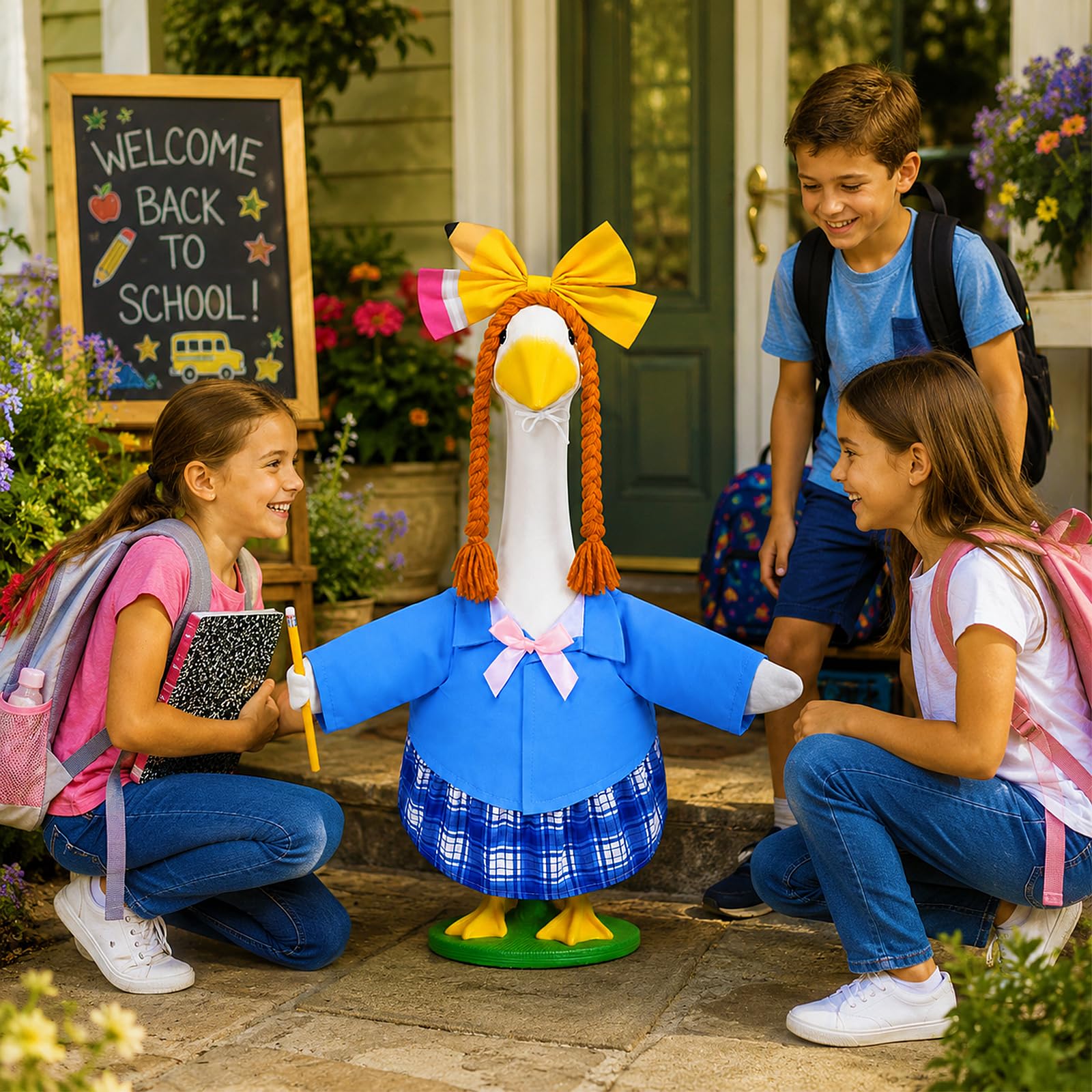 Back view of the goose outfit showing the detailed plaid design