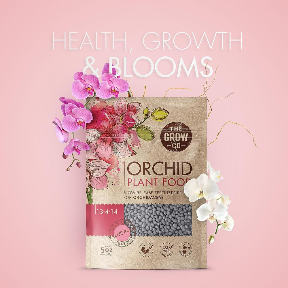 Back view of The Grow Co Orchid Plant Food packaging with safety instructions