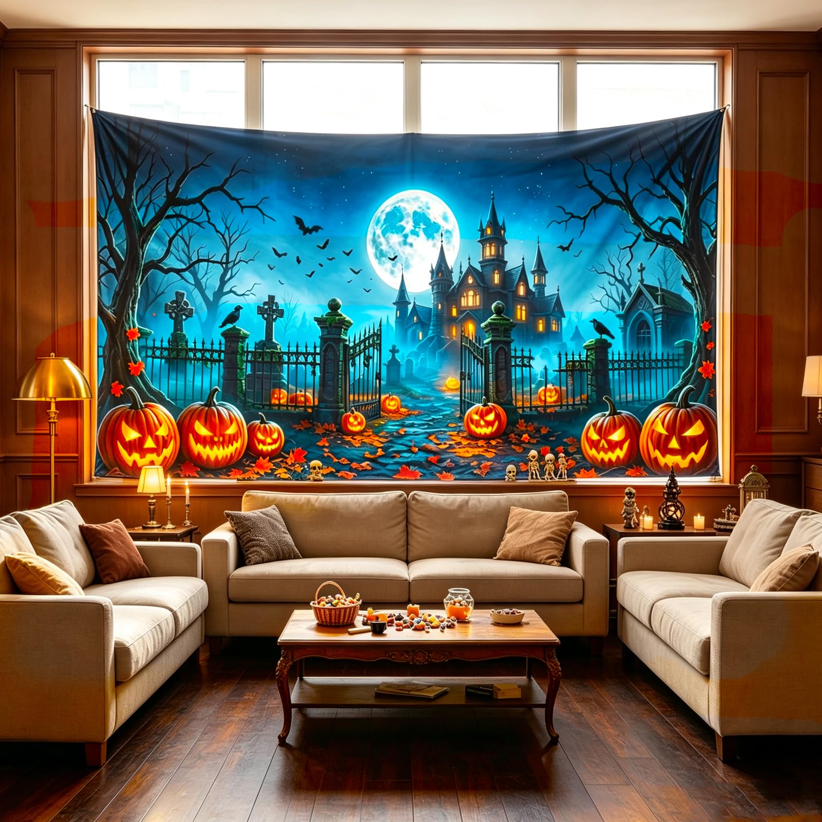 Back view of the Halloween garage door cover showing polyester material