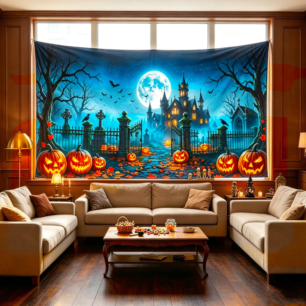 Back view of the Halloween garage door cover showing polyester material