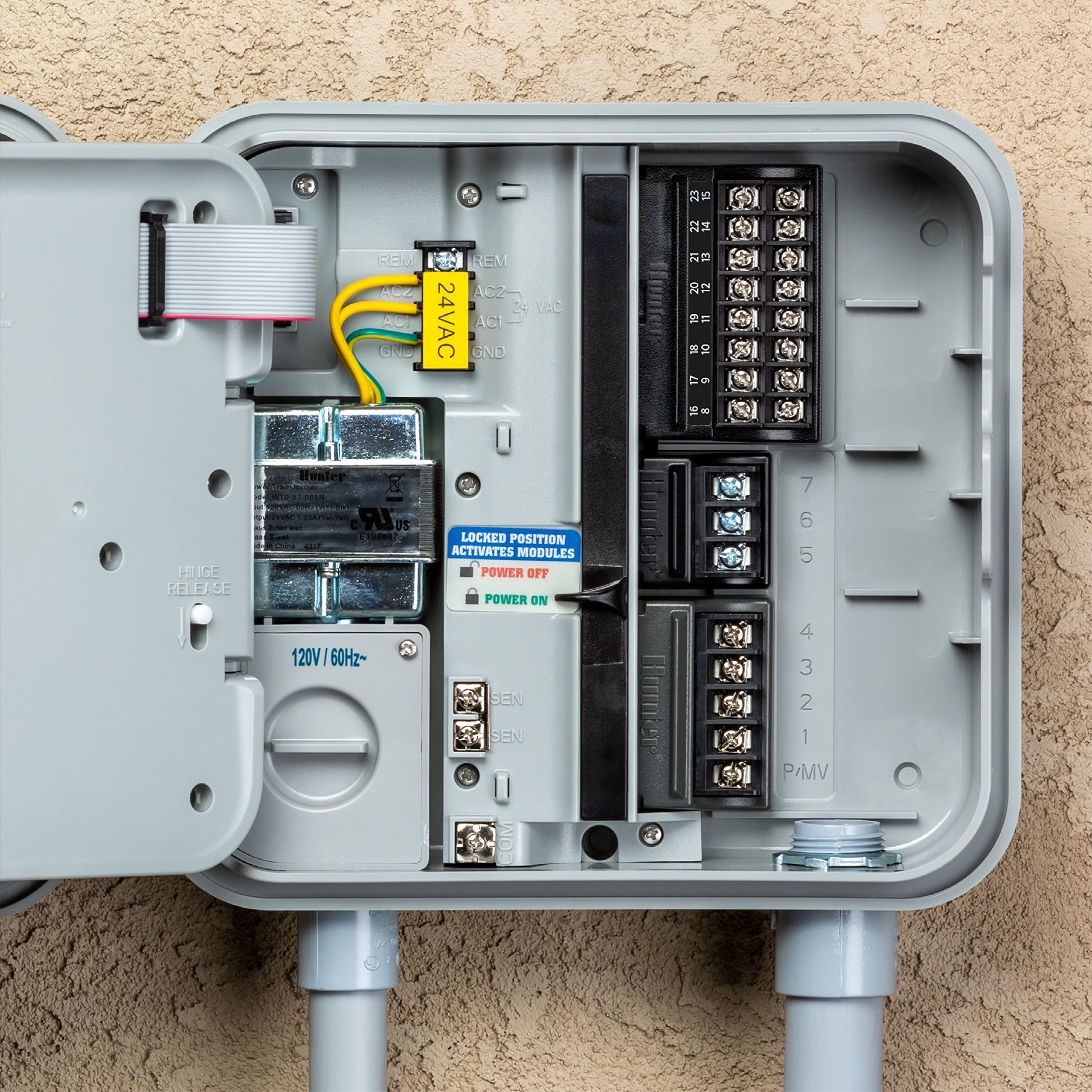 Back view of the Hunter Pro-C irrigation controller with wiring