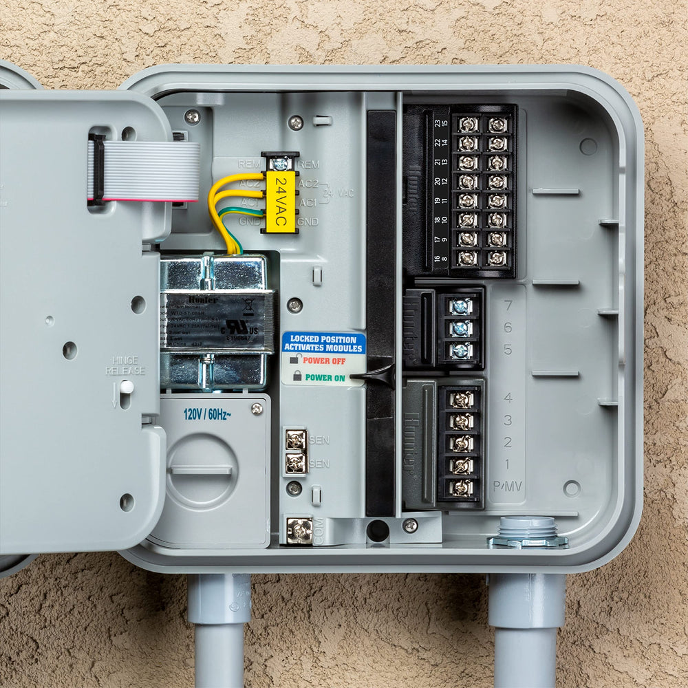 Back view of the Hunter Pro-C irrigation controller with wiring