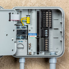 Back view of the Hunter Pro-C irrigation controller with wiring