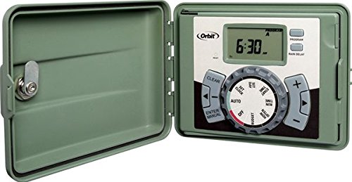 Back view of the Orbit 6-Station Sprinkler Timer showing locking cabinet