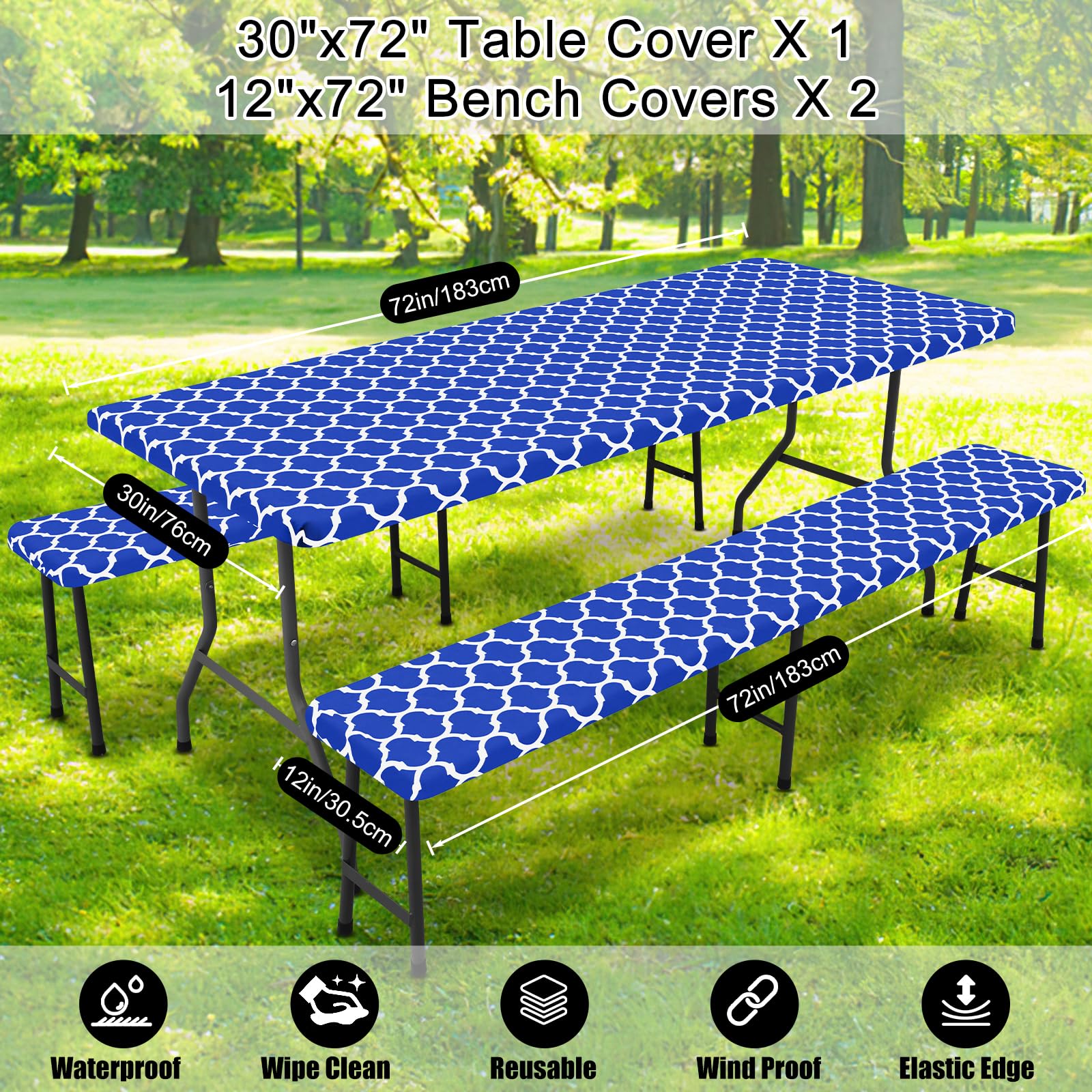 Back view of the picnic table cover showcasing elastic edges
