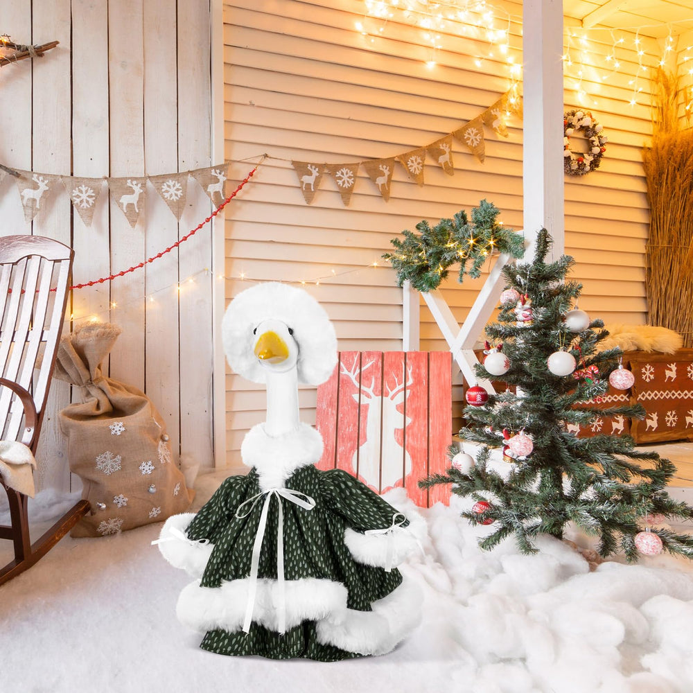Back view of the porch goose outfit showcasing snowflake details