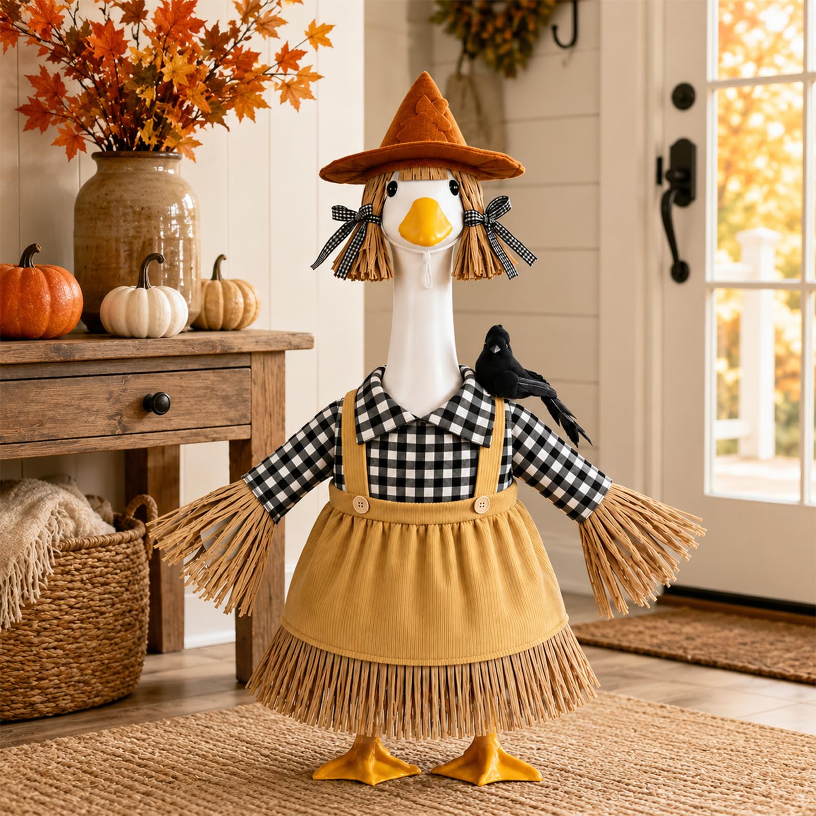 Back view of the scarecrow goose outfit with straw accents