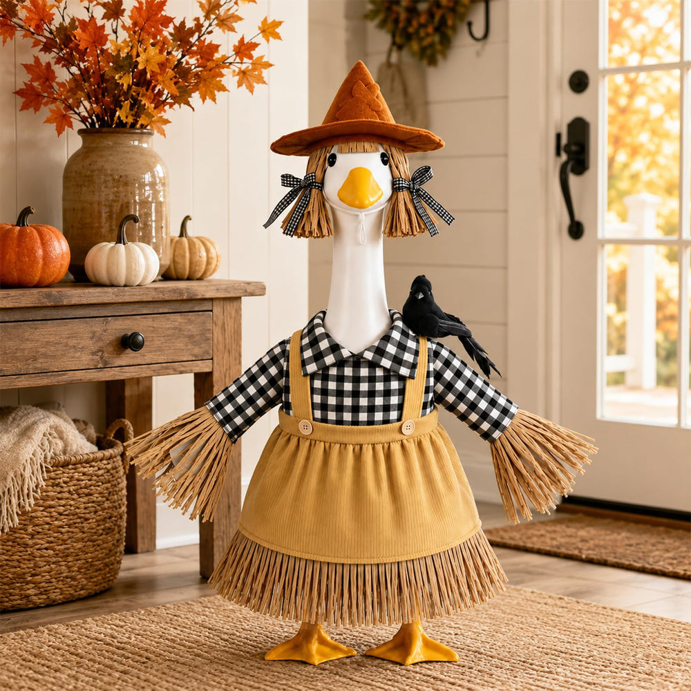 Back view of the scarecrow goose outfit with straw accents