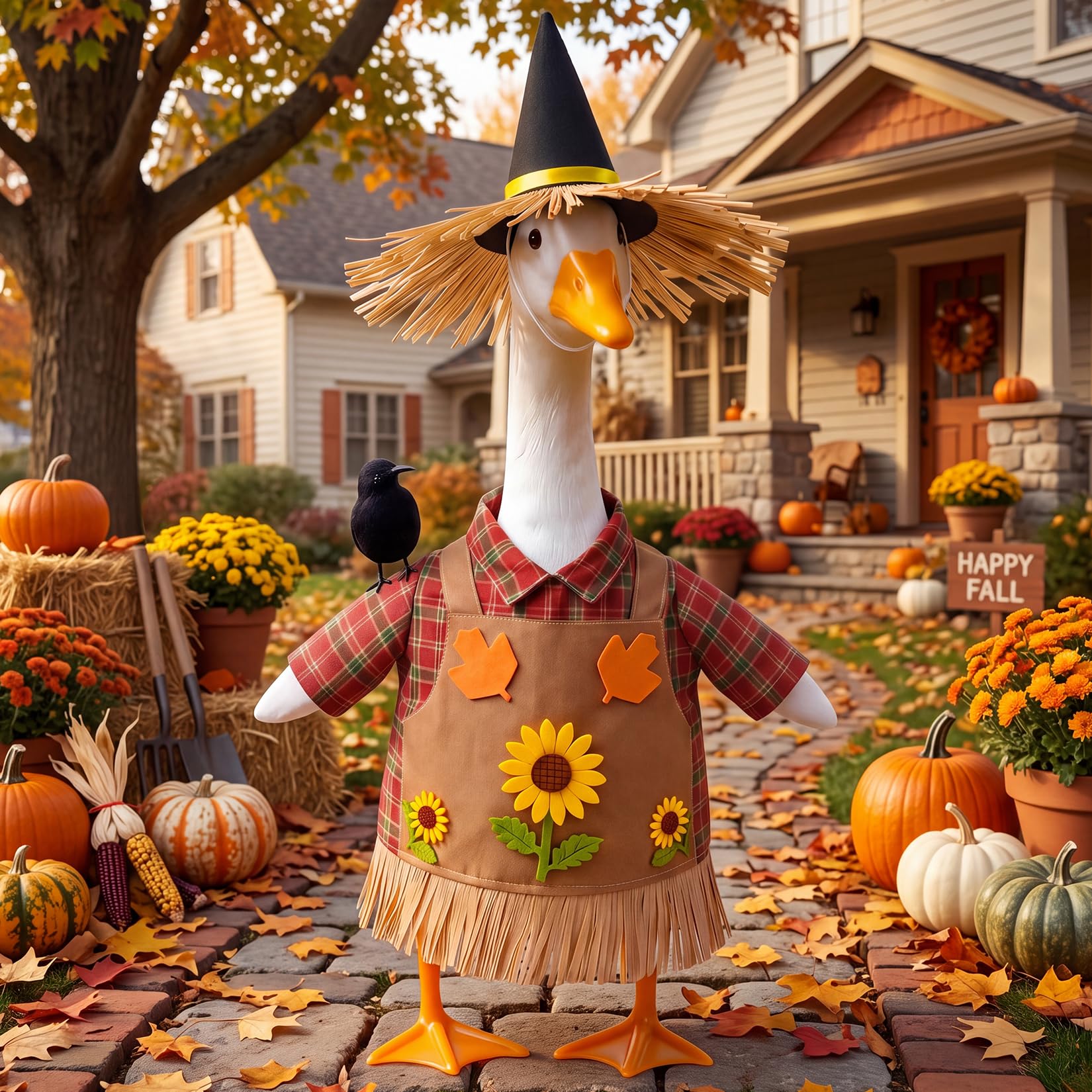Back view of the scarecrow outfit showcasing sunflower appliqués and leaf patches