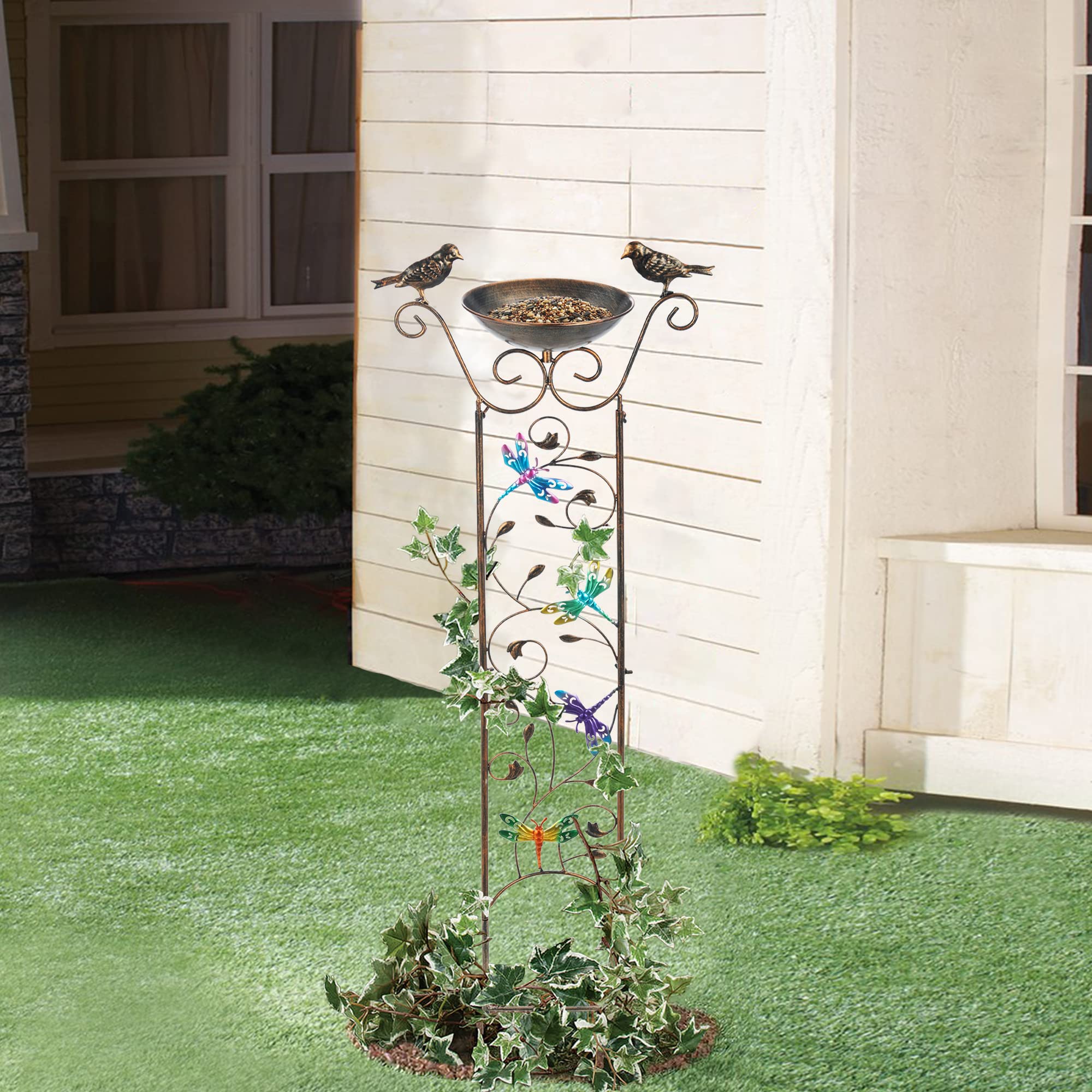 Back view of the SUNNYPARK Metal Bird Bath showing trellis support