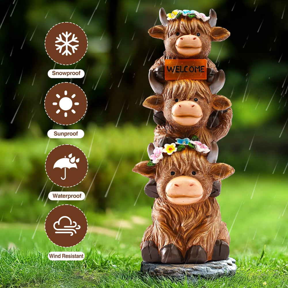 Back view of the twinbling Highland Cow Statue in a garden setting